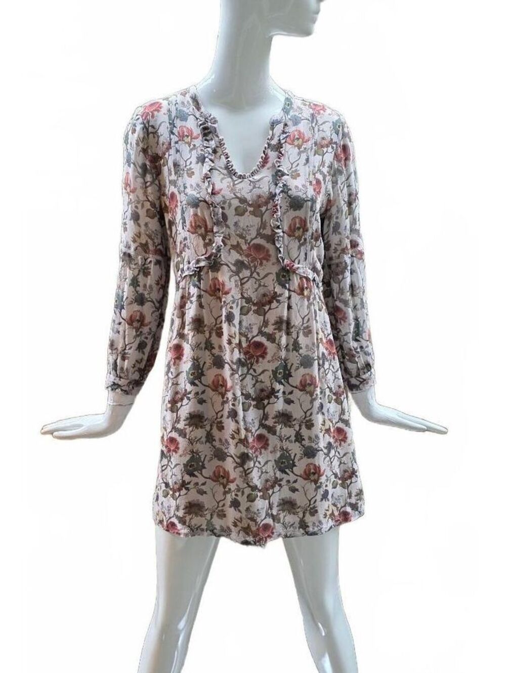 Indi & Cold Floral Lace-Trim Mini Dress Ruffle V-Neck Pin-Tuck Pleat Boho S